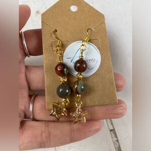 Polychrome Dangle Earrings - Green and Brown Beaded Star Drop Earrings